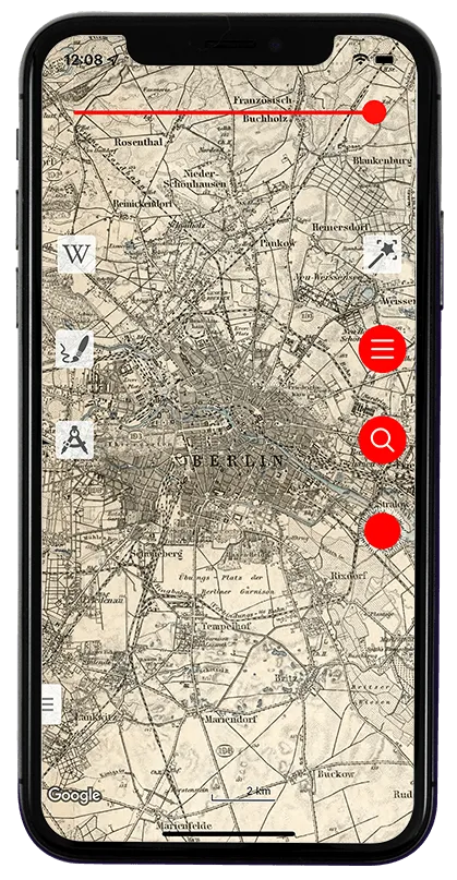 Écran de navigation avec superposition de carte historique dans Vetus Maps