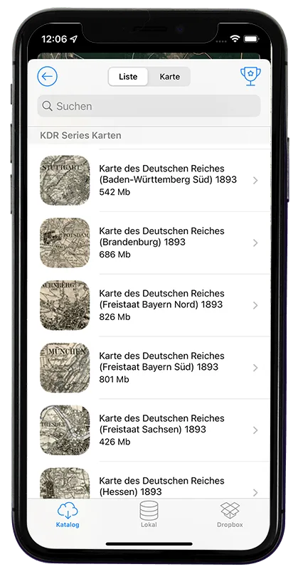 Capture d'écran du catalogue de cartes dans Vetus Maps