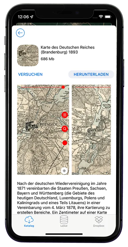 Schermata di Vetus Maps con descrizione della mappa